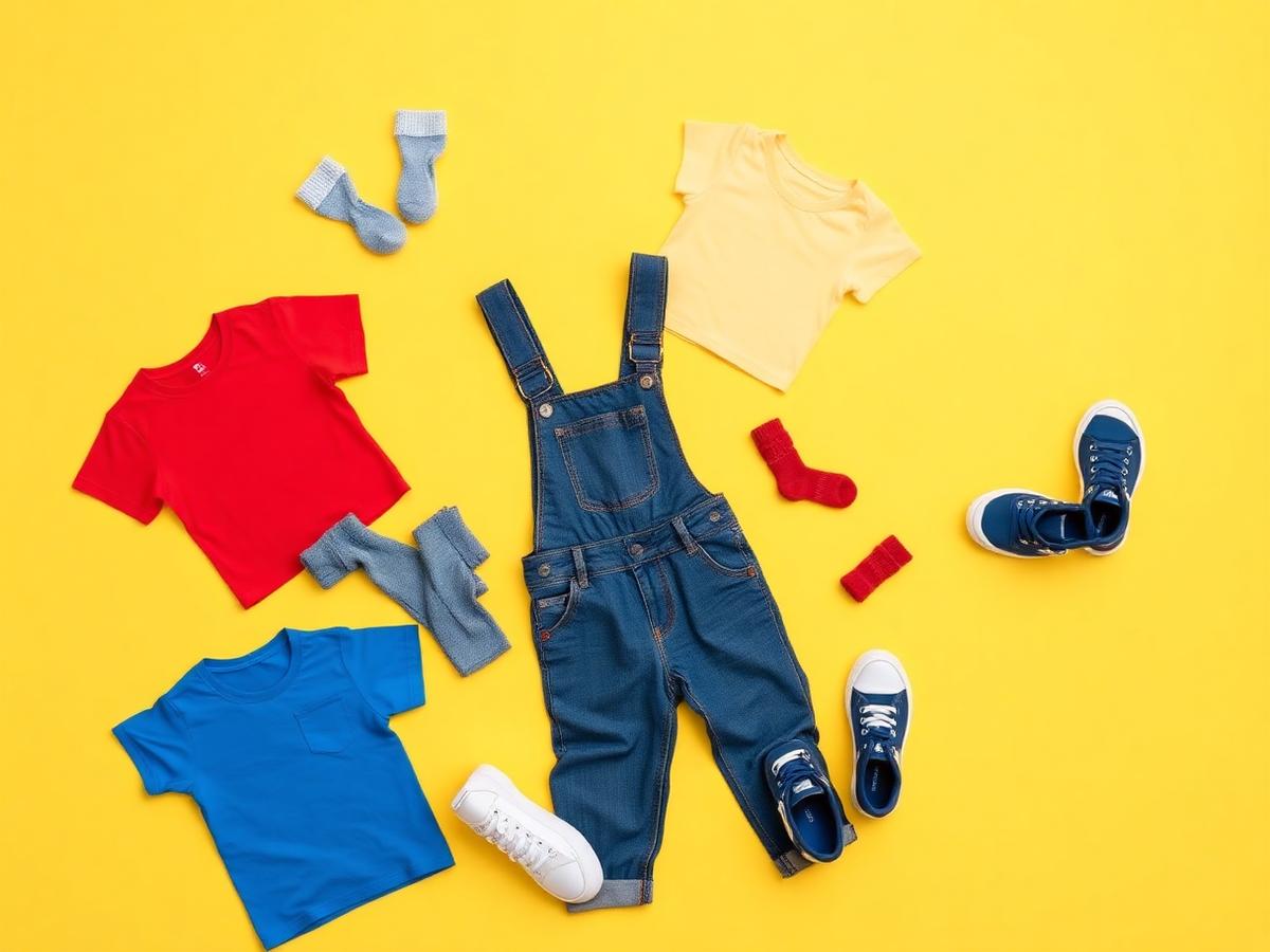 Flat lay of colourful kids clothing on a yellow background